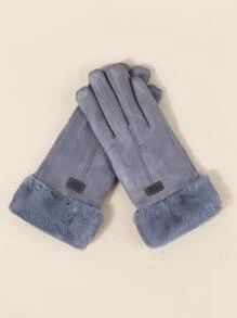 1pair Winter Warm Solid Color Plush Faux Suede Gloves, Simple Style With PU Leather Label, For Men And Women Couples, Daily Outdoor Warm - Grey - View 4