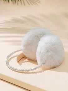 1入組女士珍珠裝飾長毛絨簡單優雅和多用途耳罩辦公和通勤 - 白色 - 查看 2