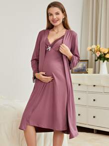 Moonlight&Mama Maternity Lace Trim Bow Front Robe & Cami Dress PJ Set / Pajama Set For Mother, Fall Winter Clothes