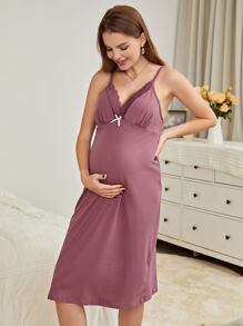 Moonlight&Mama Maternity Lace Trim Bow Front Robe & Cami Dress PJ Set / Pajama Set For Mother, Fall Winter Clothes