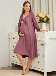 Moonlight&Mama Maternity Lace Trim Bow Front Robe & Cami Dress PJ Set / Pajama Set For Mother, Fall Winter Clothes