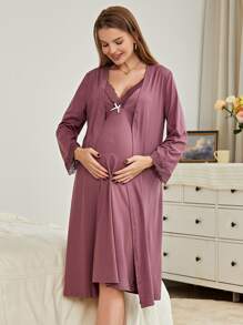 Moonlight&Mama Maternity Lace Trim Bow Front Robe & Cami Dress PJ Set / Pajama Set For Mother, Fall Winter Clothes