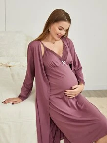 Moonlight&Mama Maternity Lace Trim Bow Front Robe & Cami Dress PJ Set / Pajama Set For Mother, Fall Winter Clothes