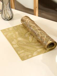 Camino de mesa con diseño de hojas huecas de 1 pieza, camino de mesa rectangular con diseño hueco de PVC minimalista para mesa de cena - Dorado - Ver 2