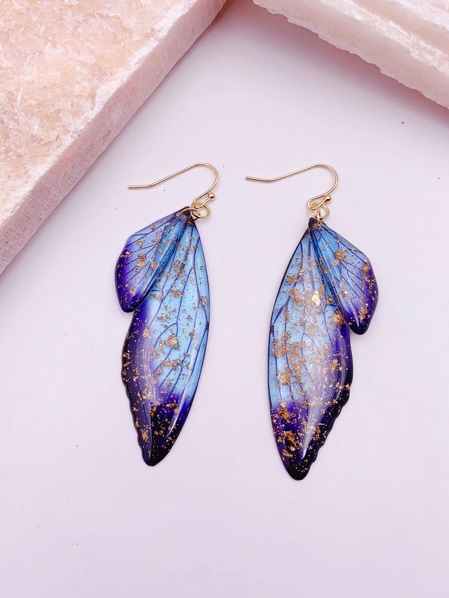 1 par de pendientes con alas de cigarrón azul con lámina de oro - Multicolor - Ver 1