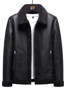 Manfinity Men Teddy Lined PU Leather Coat Without Tee - Black - View 1