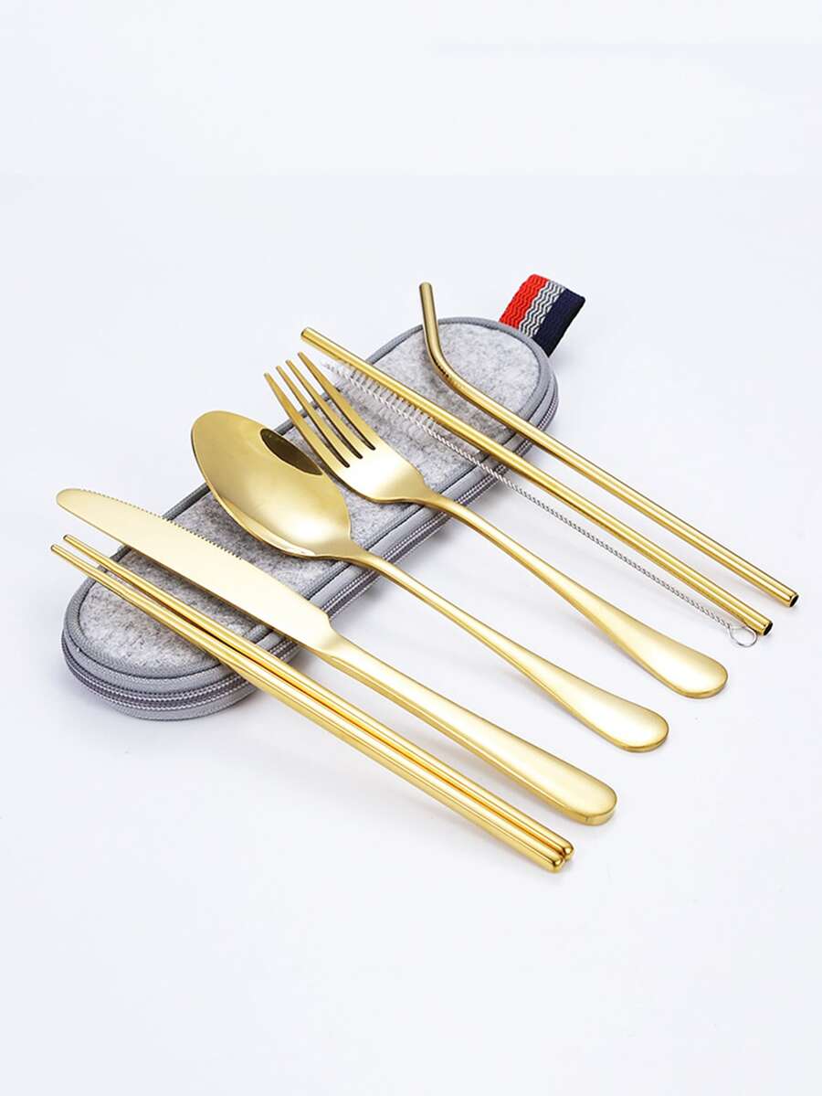 7pcs Stainless Steel Cutlery Set With 1pc Waterproof Storage Bag - Gold - View 1