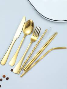 7pcs Stainless Steel Cutlery Set With 1pc Waterproof Storage Bag - Gold - View 2