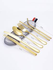 7pcs Stainless Steel Cutlery Set With 1pc Waterproof Storage Bag - Gold - View 3