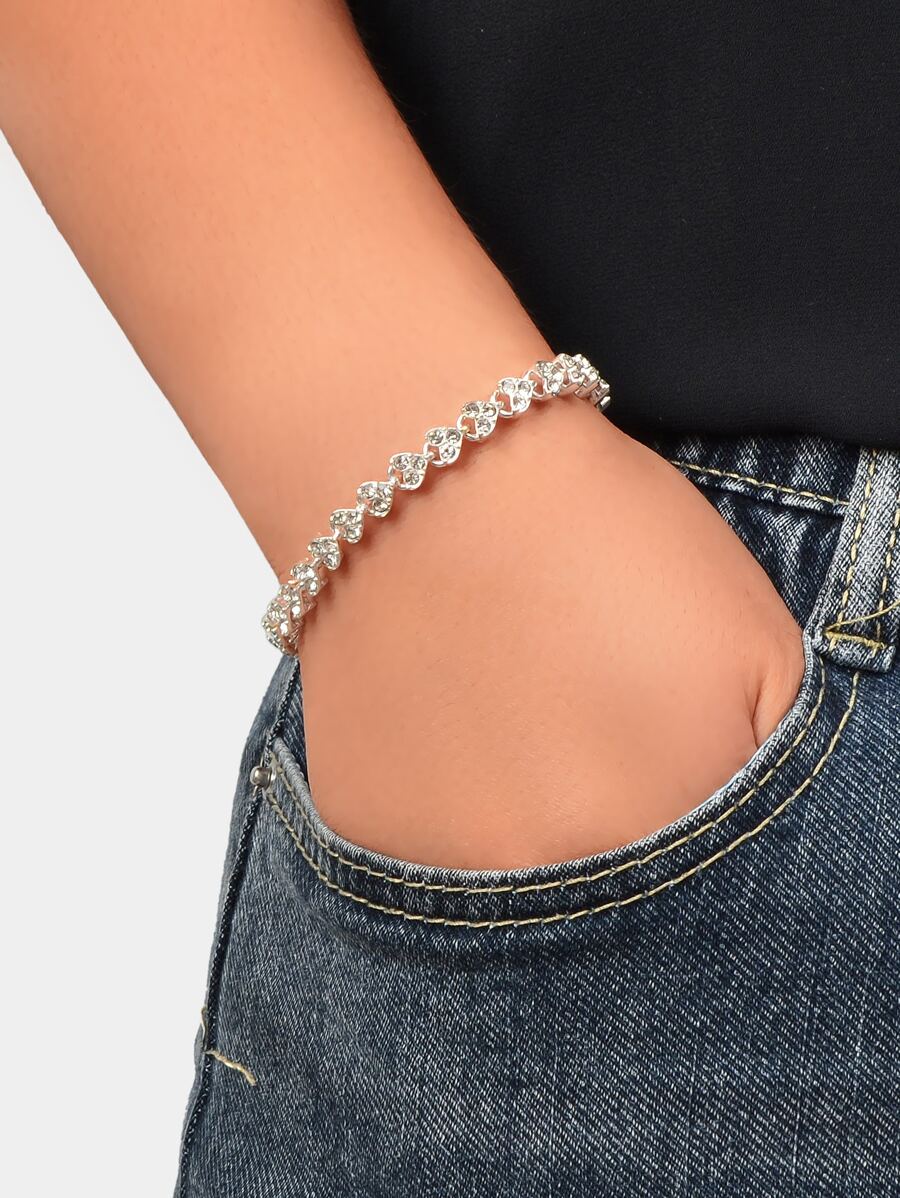 Heart Rhinestone Decor Bracelet - Silver - View 1