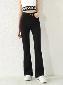 Teen Girls Zipper Fly Flare Leg Jeans - Black - View 3