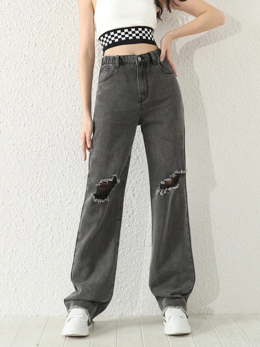 Teen Girls Raw Hem Ripped Straight Leg Jeans - Grey - View 1
