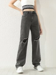 Teen Girls Raw Hem Ripped Straight Leg Jeans - Grey - View 3
