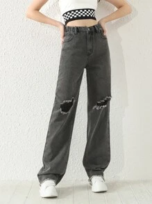 Teen Girls Raw Hem Ripped Straight Leg Jeans - Grey - View 4