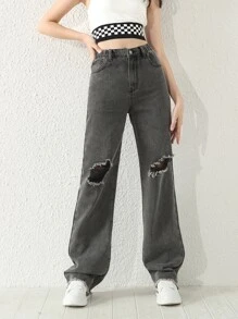 Teen Girls Raw Hem Ripped Straight Leg Jeans - Grey - View 5