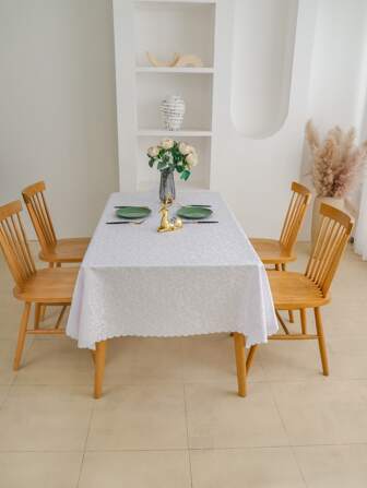 1入組套白色捲軸提花桌布現代滌綸扇形裝飾餐桌罩