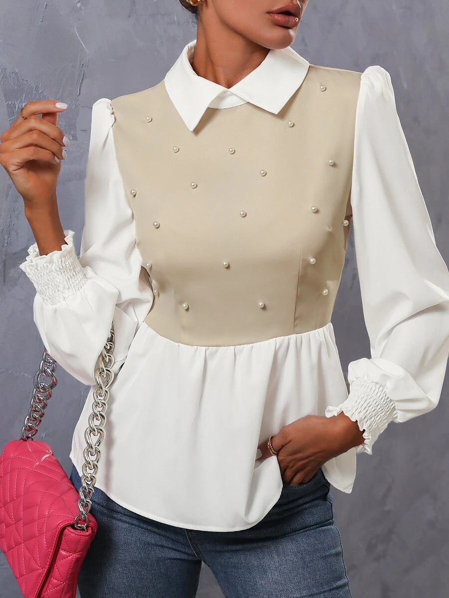 SHEIN Unity Pearls Beaded Two Tone Shirred Cuff Peplum Blouse - Apricot - View 1