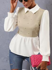 SHEIN Unity Pearls Beaded Two Tone Shirred Cuff Peplum Blouse - Apricot - View 3