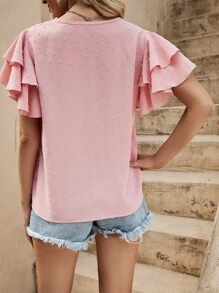 SHEIN VCAY Swiss Dot Contrast Lace Layered Sleeve Ruffle Trim Blouse - Baby Pink - View 2