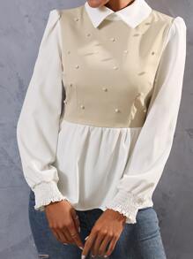 SHEIN Unity Pearls Beaded Two Tone Shirred Cuff Peplum Blouse - Apricot - View 5