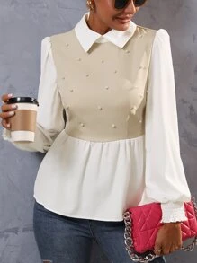 SHEIN Unity Pearls Beaded Two Tone Shirred Cuff Peplum Blouse - Apricot - View 6