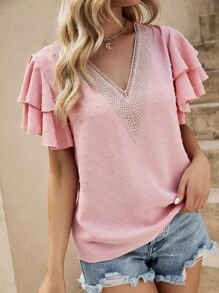 SHEIN VCAY Swiss Dot Contrast Lace Layered Sleeve Ruffle Trim Blouse - Baby Pink - View 6