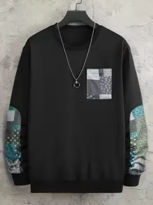 Manfinity Men Patchwork Print Patched Pocket Sweatshirt - Black - View 1