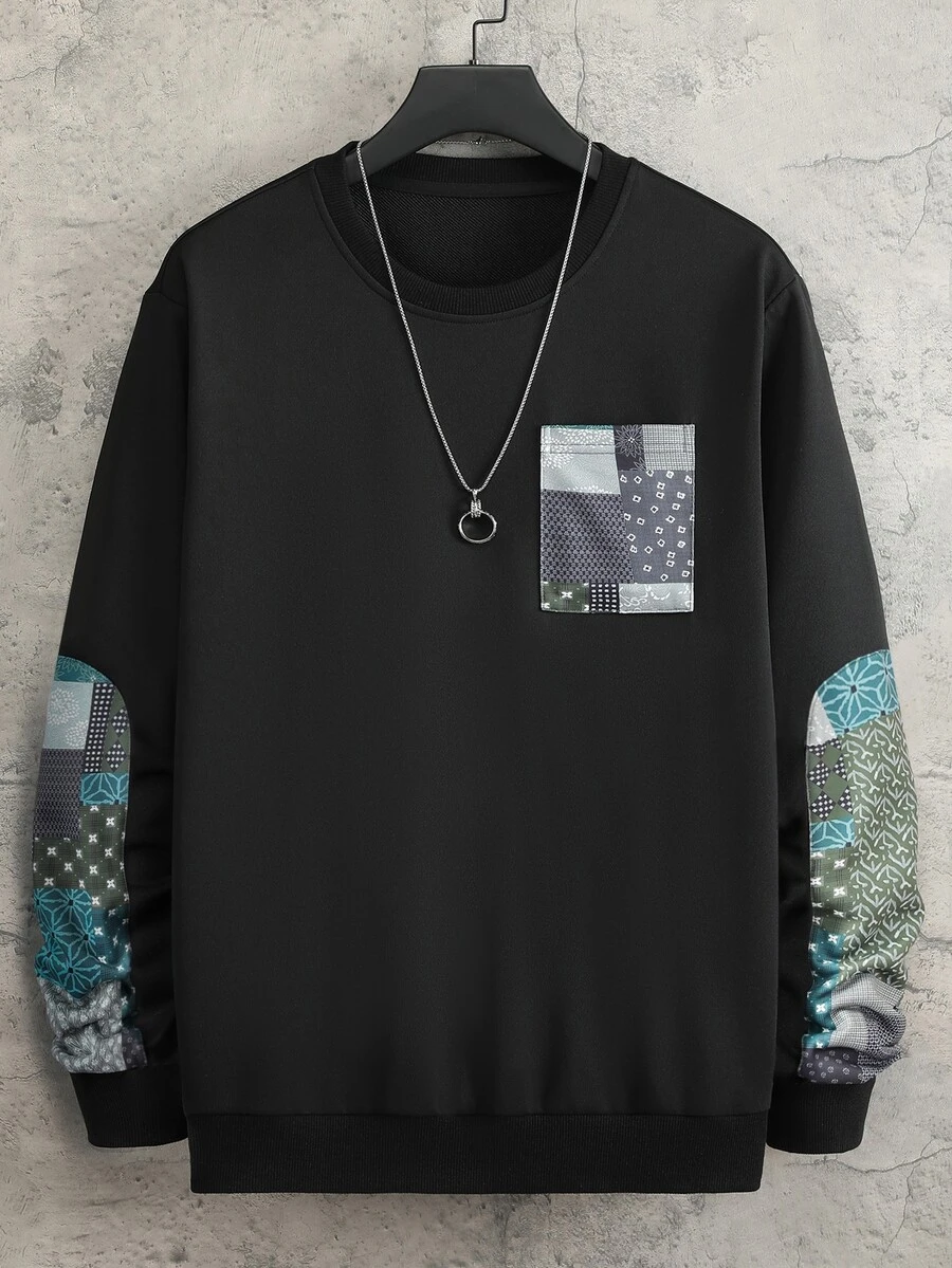 Manfinity Men Patchwork Print Patched Pocket Sweatshirt - Black - View 1