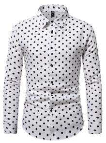 Manfinity Homme Áo sơ mi nam họa tiết chấm bi dáng rộng, Áo sơ mi nam chấm bi, Áo sơ mi nam thường ngày, Áo sơ mi thời trang nam - trắng - Xem 6