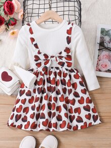 Toddler Girls Heart Print Bow Front 2 In 1 Dress - White - View 1