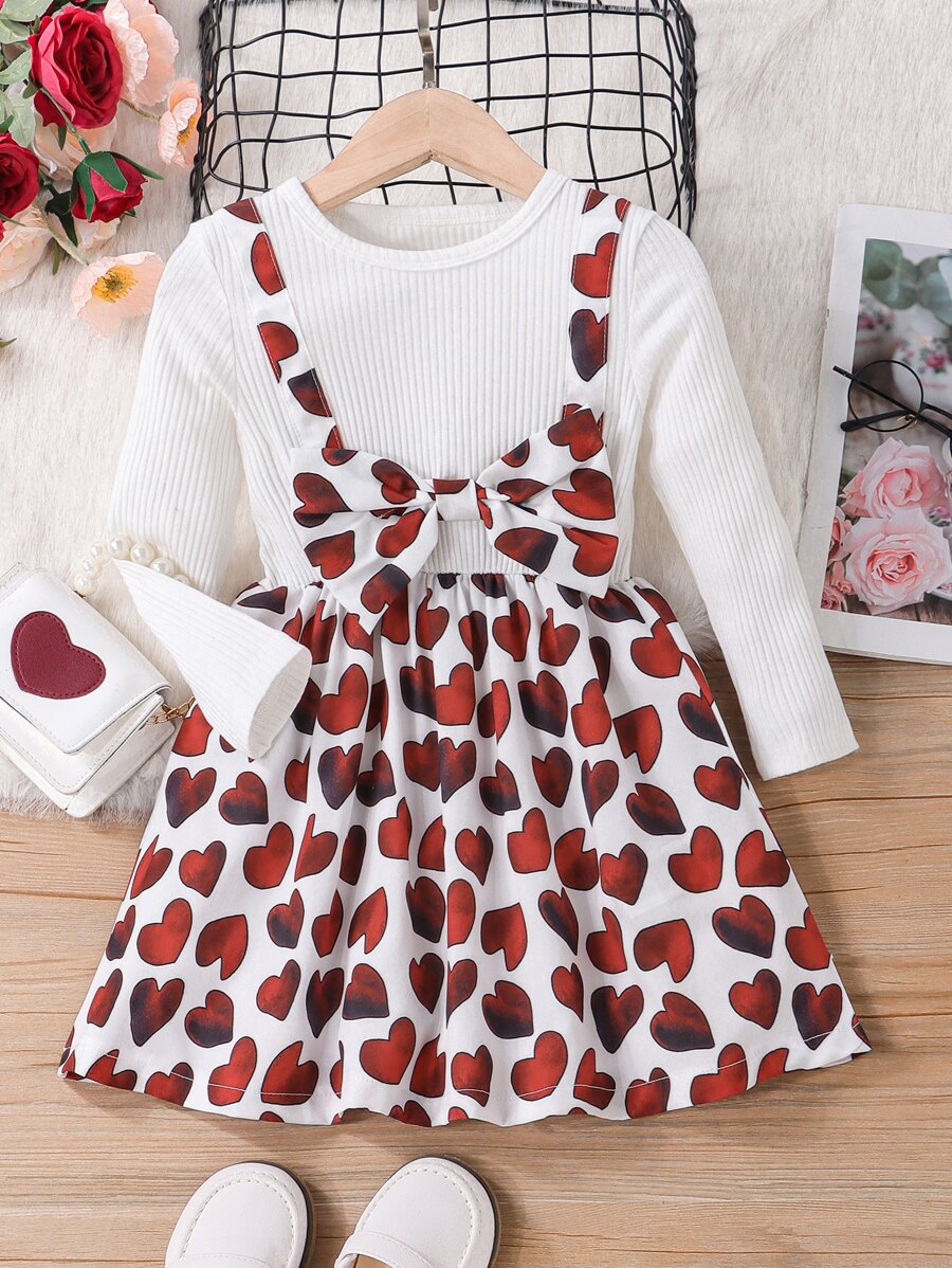 Toddler Girls Heart Print Bow Front 2 In 1 Dress - White - View 1