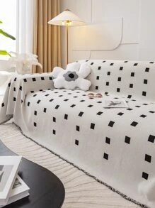 1pc Square Print Fringe Trim Decor Sofa Towel - Multicolor - View 1