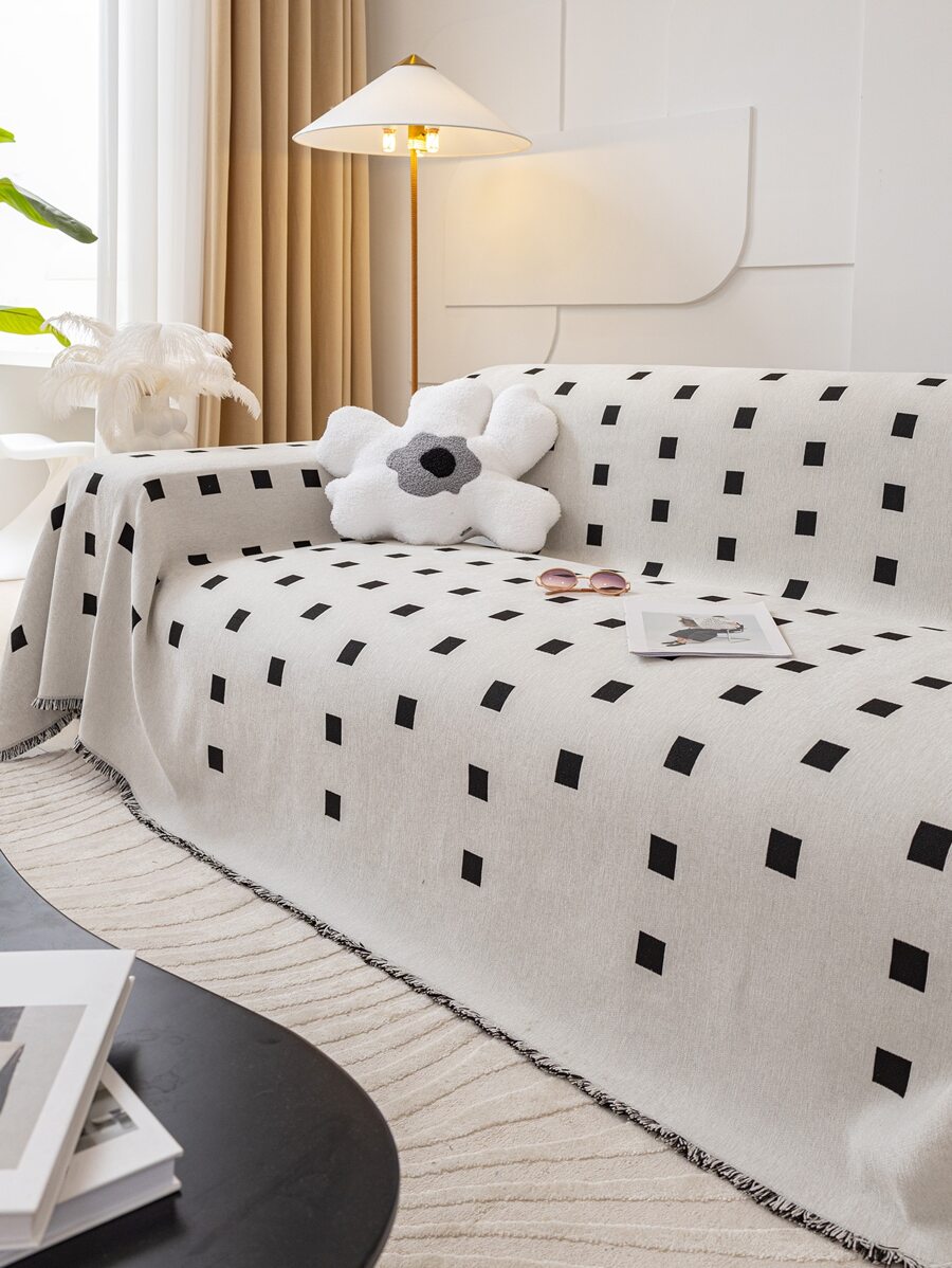 1pc Square Print Fringe Trim Decor Sofa Towel - Multicolor - View 1