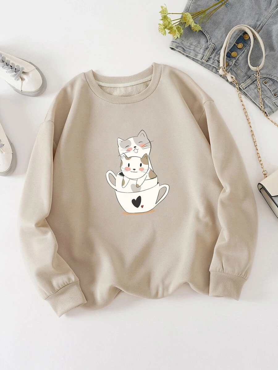 SHEIN EZwear Plus Cartoon Graphic Thermal Lined Sweatshirt - Apricot - View 1