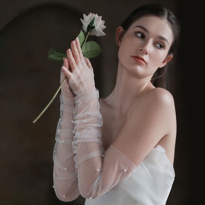 Faux Pearl Decor Bridal Gloves