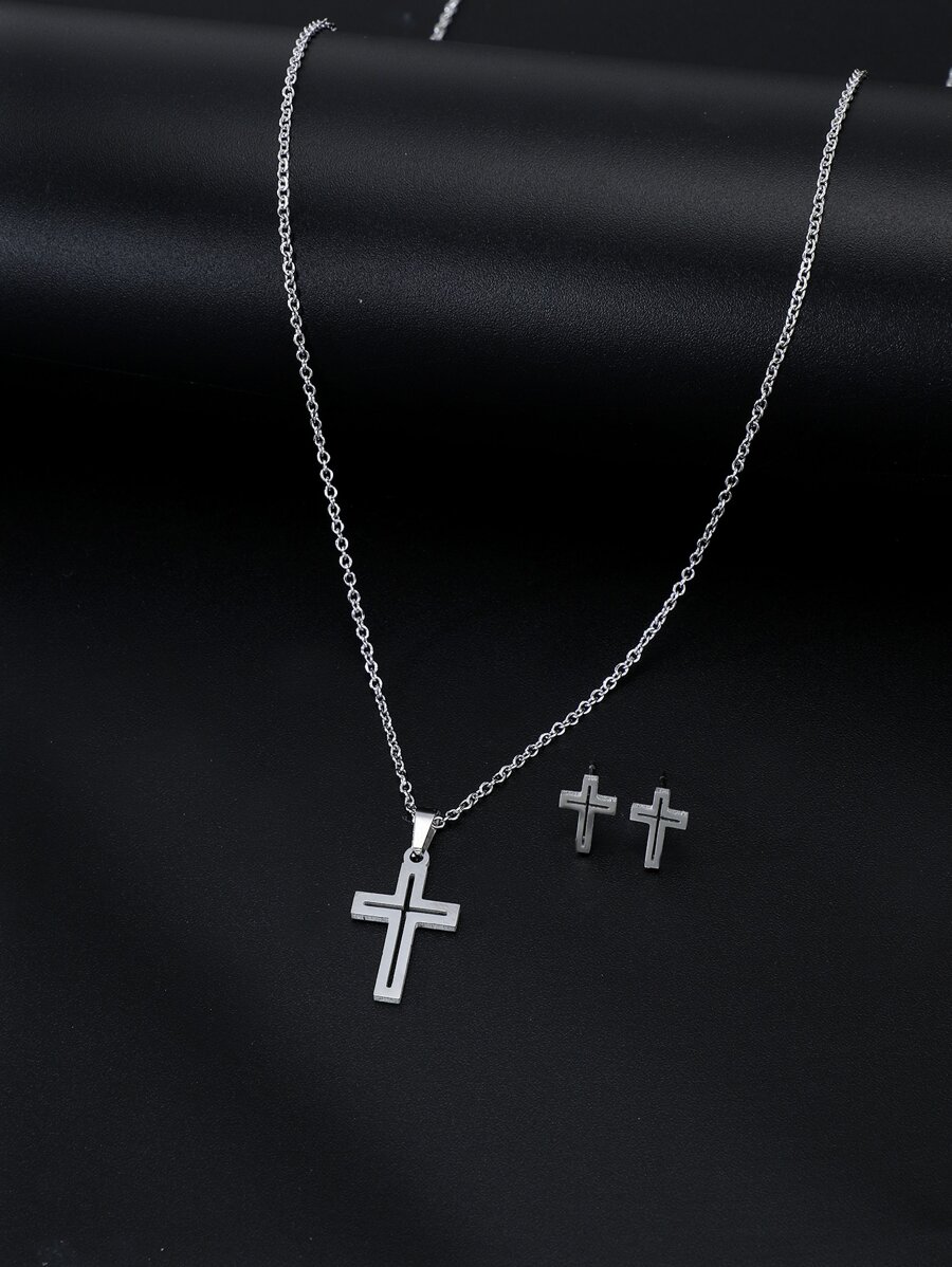 Hombres 3 piezas Set joya decoración cruzada - Plateado - Ver 1