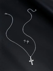 Hombres 3 piezas Set joya decoración cruzada - Plateado - Ver 2