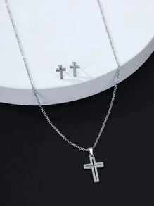 Hombres 3 piezas Set joya decoración cruzada - Plateado - Ver 3