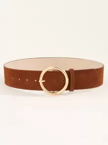 1pc Gold Round Buckle PU Leather Belt, Fashionable & Versatile Waist Belt For Dresses, Minimalist Design For Daily Wear - Brown - View 2