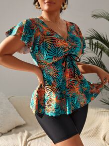 SHEIN Swim Tropical Print Drawstring Front Shorts Swim Dress Summer Beach - Multicolor - View 1