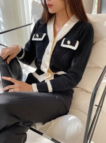 DAZY Áo khoác cardigan dài tay thiết kế nút màu đơn sắc cho nữ, mùa thu, áo dài tay, quần áo mùa thu cho nữ - màu đen - Xem 4