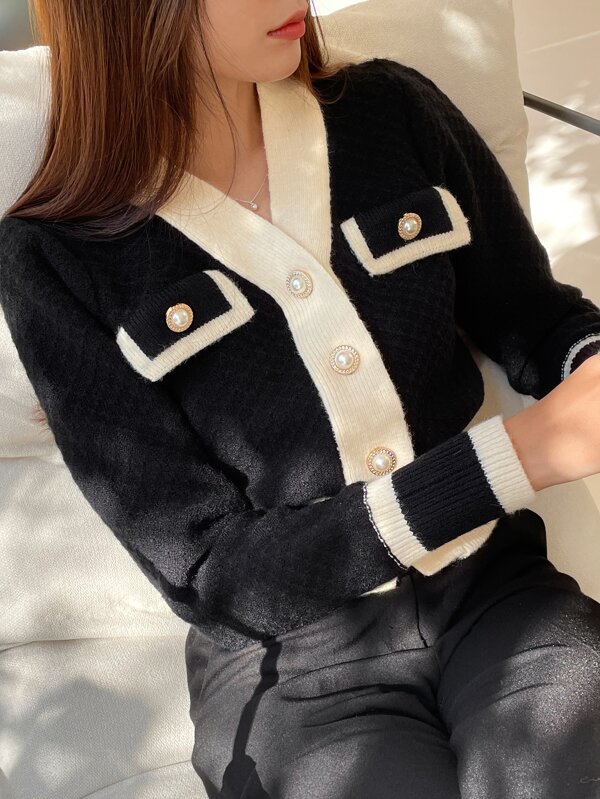 DAZY Women's Colorblock Long Sleeve Button Design Casual Cardigan, Autumn,Long Sleeve Tops