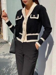 DAZY Áo khoác cardigan dài tay thiết kế nút màu đơn sắc cho nữ, mùa thu, áo dài tay, quần áo mùa thu cho nữ - màu đen - Xem 5