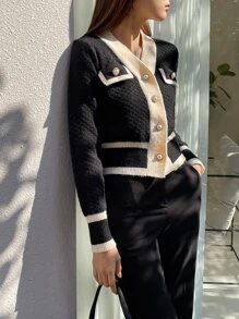 DAZY Áo khoác cardigan dài tay thiết kế nút màu đơn sắc cho nữ, mùa thu, áo dài tay, quần áo mùa thu cho nữ - màu đen - Xem 6