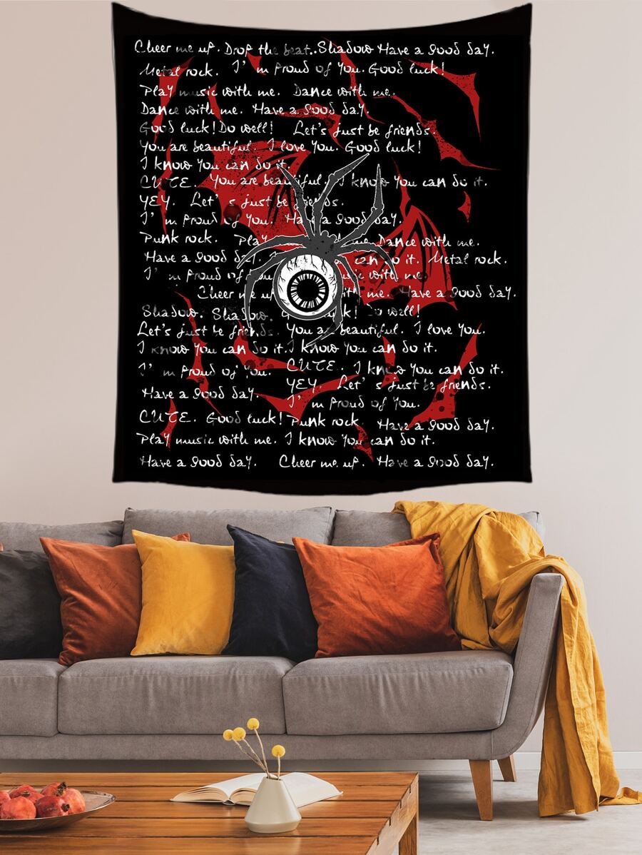 ROMWE Kawaii Spider & Slogan Graphic Tapestry - Multicolor - View 1