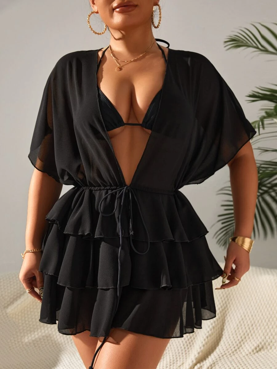 Plain Tie Front Layered Hem Kimono - Black - View 1