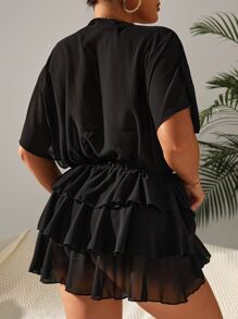 Plain Tie Front Layered Hem Kimono - Black - View 2