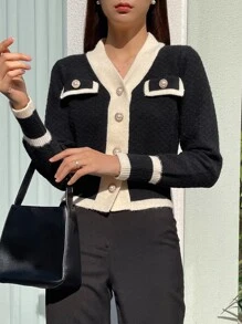 DAZY Áo khoác cardigan dài tay thiết kế nút màu đơn sắc cho nữ, mùa thu, áo dài tay, quần áo mùa thu cho nữ - màu đen - Xem 9