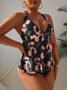 Summer Graphic Print Tie Backless Halter Tankini Top - Multicolor - View 3