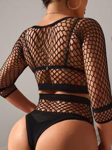 Hollow Out Fishnet Cover Up Set Without Bra - Black - View 2